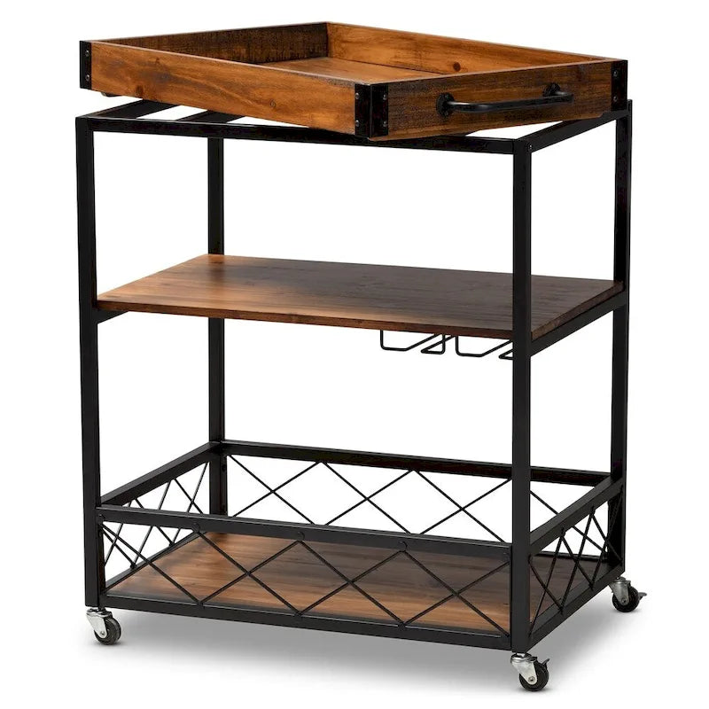 Industrial Oak Brown Bar Cart with Stemware Rack