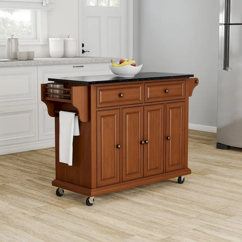  Full Size Solid Black Granite Top Classic Cherry Finish Kitchen Cart - 18d x 51.5w x 36h