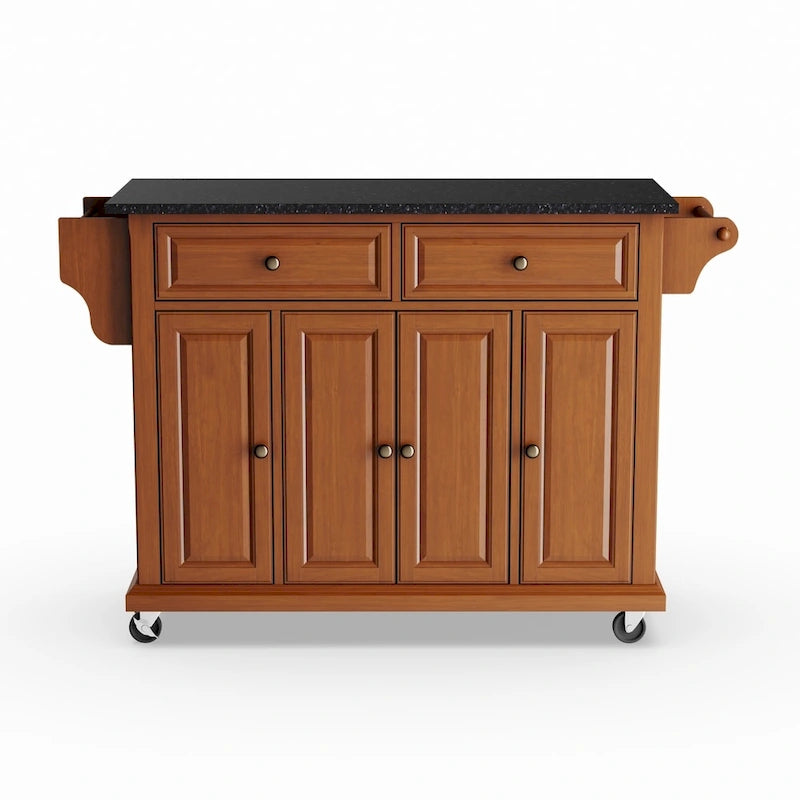 Full Size Solid Black Granite Top Classic Cherry Finish Kitchen Cart - 18d x 51.5w x 36h