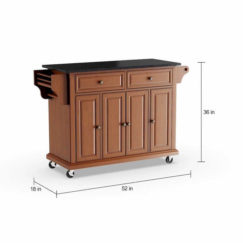 Full Size Solid Black Granite Top Classic Cherry Finish Kitchen Cart - 18d x 51.5w x 36h