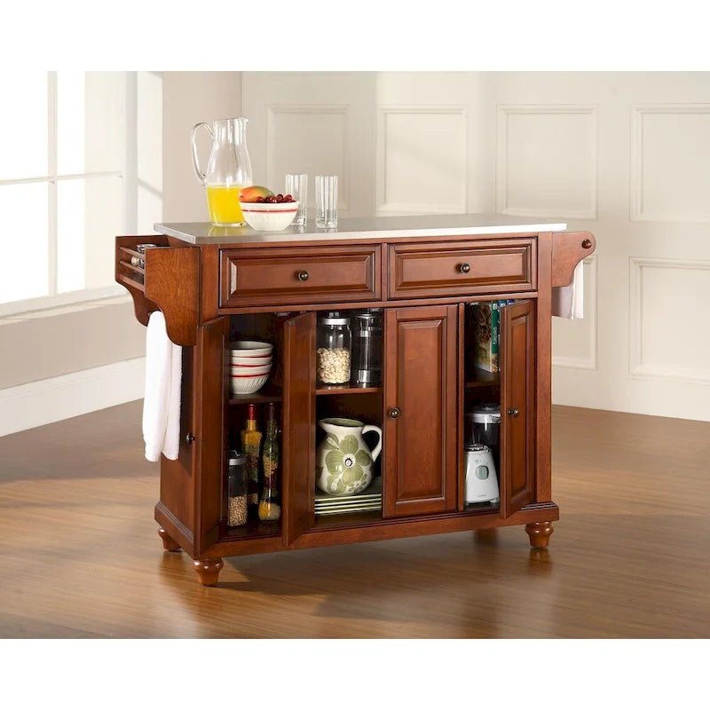 Cambridge Stainless Steel Top Kitchen Island in Classic Cherry Finish - 18d x 51.5w x 36h