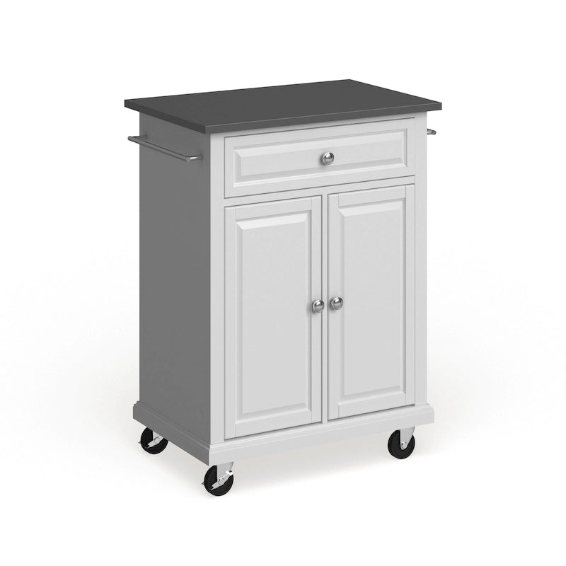 Compact White Wood Portable Kitchen Cart/ Island with Stainless Steel Top - 18d x 31w x 35.5h