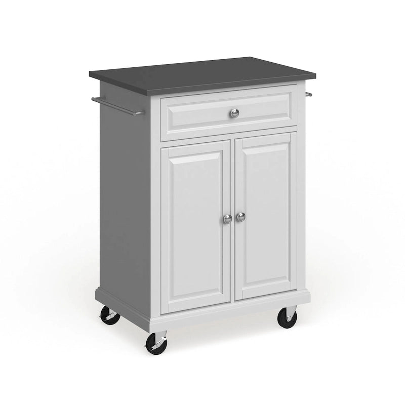 Compact White Wood Portable Kitchen Cart/ Island with Stainless Steel Top - 18d x 31w x 35.5h
