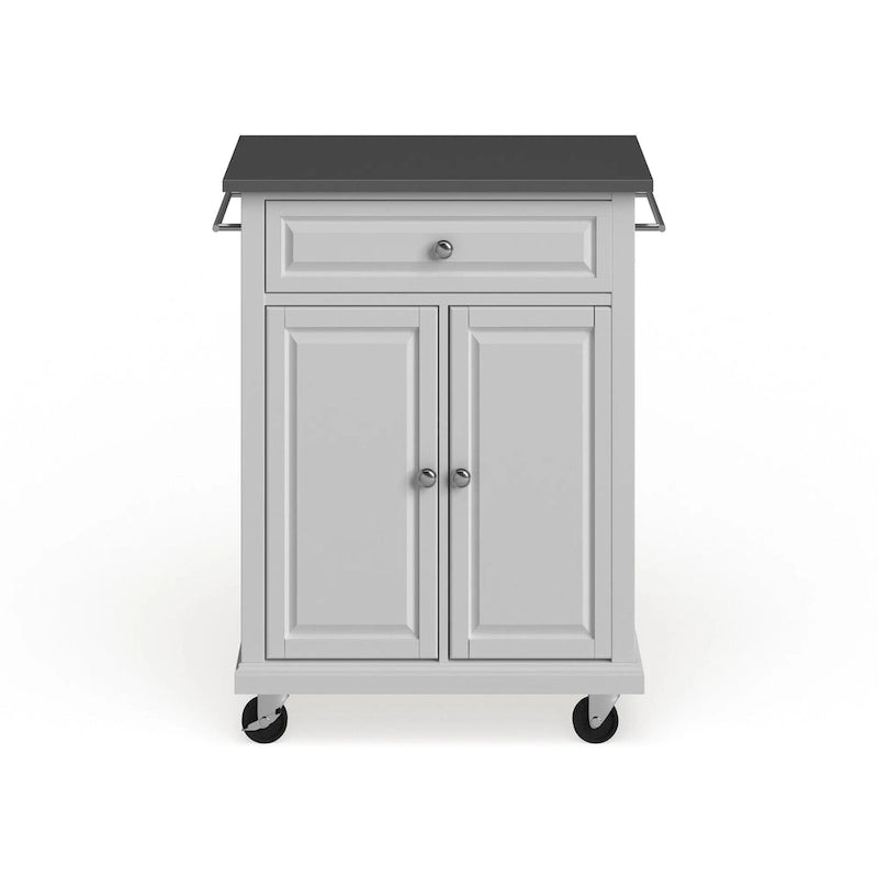 Compact White Wood Portable Kitchen Cart/ Island with Stainless Steel Top - 18d x 31w x 35.5h