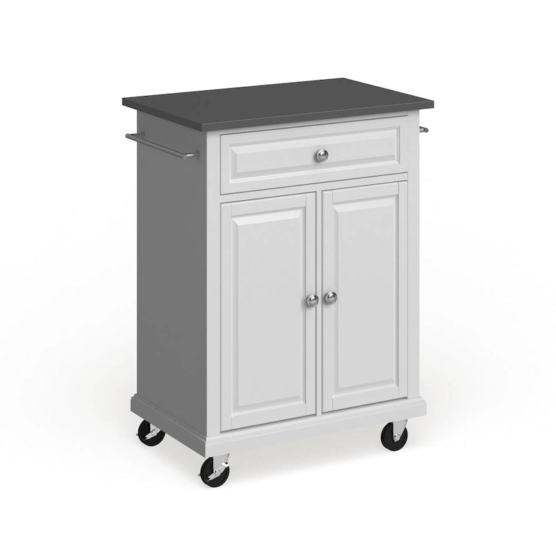 Compact White Wood Portable Kitchen Cart/ Island with Stainless Steel Top - 18d x 31w x 35.5h