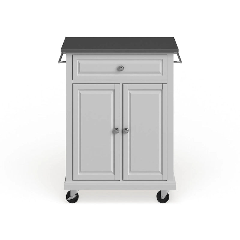 Compact White Wood Portable Kitchen Cart/ Island with Stainless Steel Top - 18d x 31w x 35.5h