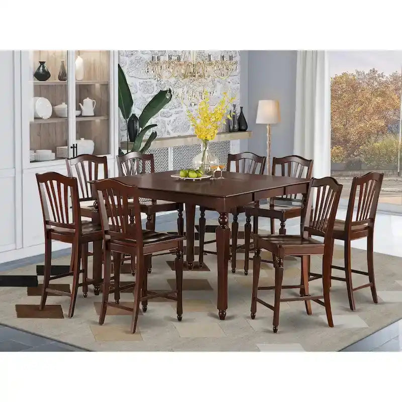 East West Furniture 9 Piece Counter Height Pub Set Includes a Square Dining Table and 8 Kitchen Chairs, Mahogany(Seat Options)