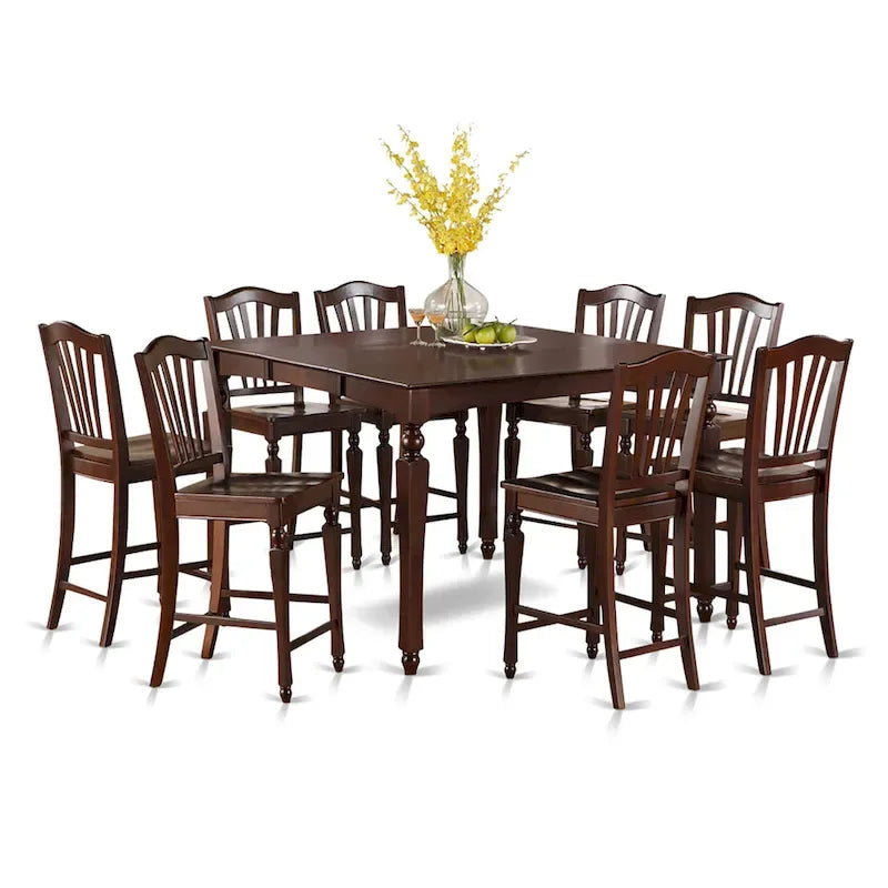 East West Furniture 9 Piece Counter Height Pub Set Includes a Square Dining Table and 8 Kitchen Chairs, Mahogany(Seat Options)
