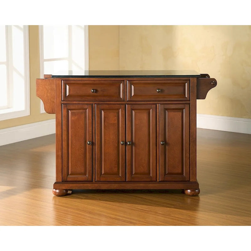 Alexandria Solid Black Granite Top Kitchen Island in Classic Cherry Finish - 18d x 51.5w x 34h