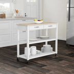  Natural Wood Top Kitchen Cart/ Island With Optional Stool Storage in White Finish - 17d x 43w x 35h
