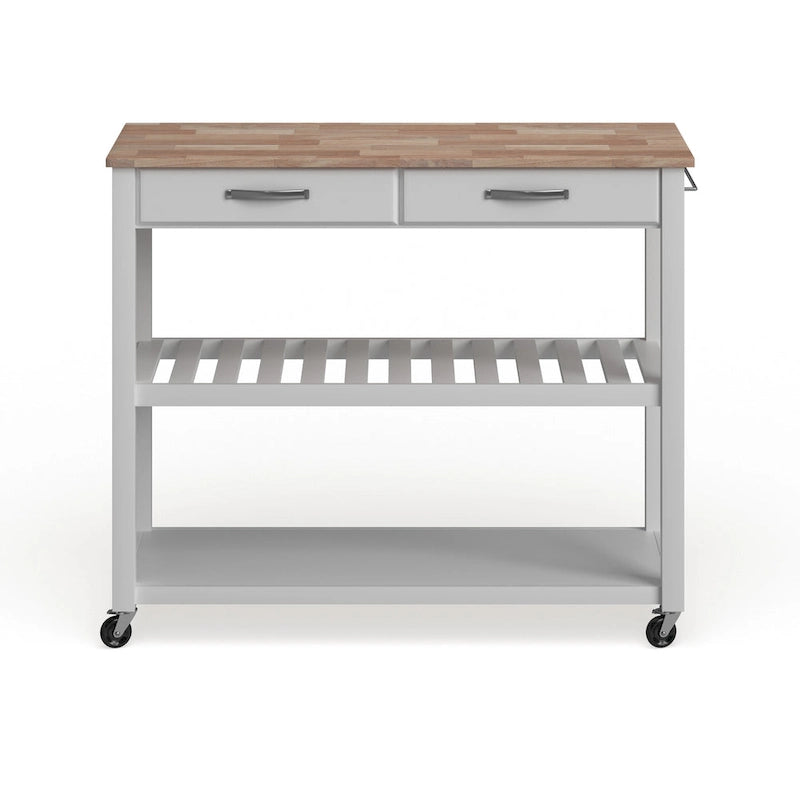 Natural Wood Top Kitchen Cart/ Island With Optional Stool Storage in White Finish - 17d x 43w x 35h