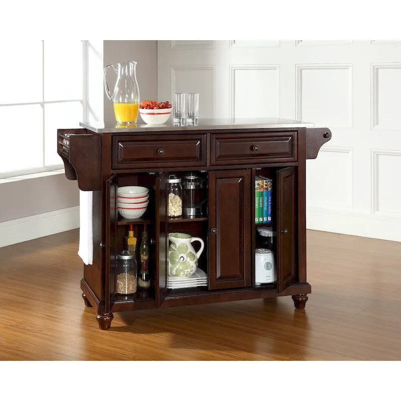 Cambridge Stainless Steel Top Kitchen Island in Vintage Mahogany Finish - 18d x 51.5w x 34h