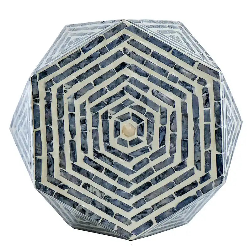 18 Inch Accent Table Stool, Hexagonal Design, Diamond Pattern, Blue, White
