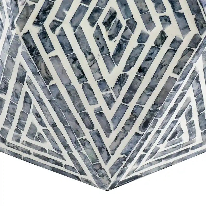 18 Inch Accent Table Stool, Hexagonal Design, Diamond Pattern, Blue, White