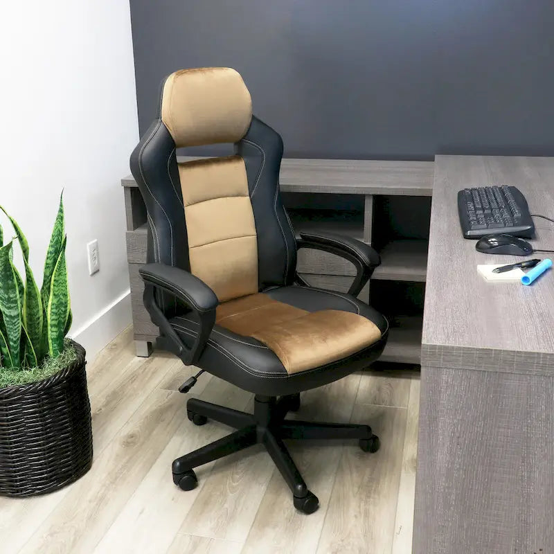 Elama High Back Adjustable Faux Leather Office Chair in Black and Brown