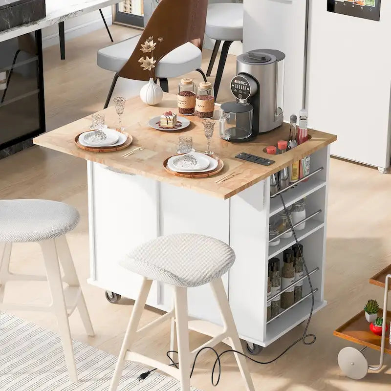 Kitchen Island with Power Outlet,Kitchen Storage Island with Drop Leaf and Rubber Wood - N/A