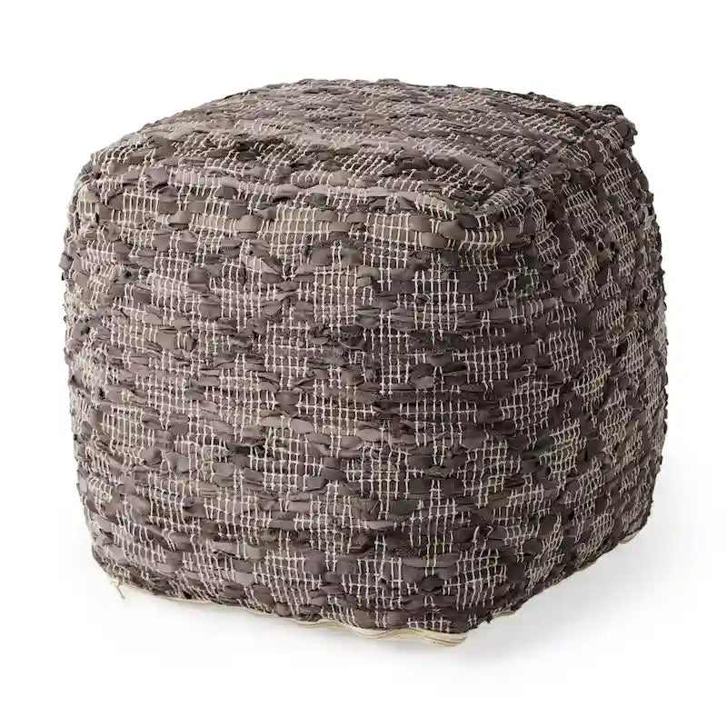 Mercana Falguni Grey Patterned Leather & Cotton Square Pouf