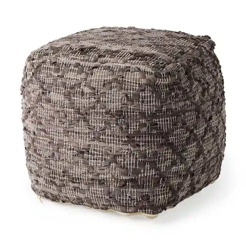 Mercana Falguni Grey Patterned Leather & Cotton Square Pouf