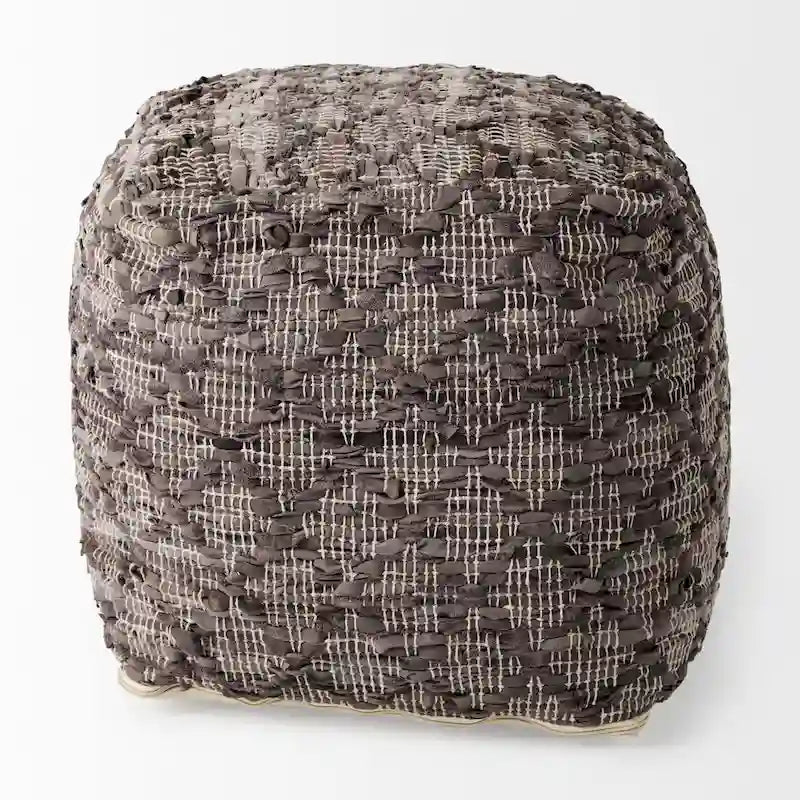 Mercana Falguni Grey Patterned Leather & Cotton Square Pouf
