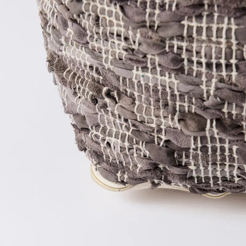 Mercana Falguni Grey Patterned Leather & Cotton Square Pouf