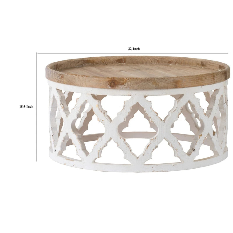 Ode 32 Inch Coffee Table, Round, Quatrefoil Lattice Design, Brown, White