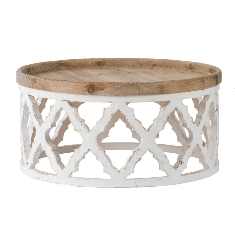 Ode 32 Inch Coffee Table, Round, Quatrefoil Lattice Design, Brown, White
