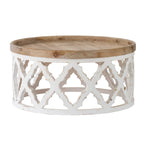 Ode 32 Inch Coffee Table, Round, Quatrefoil Lattice Design, Brown, White
