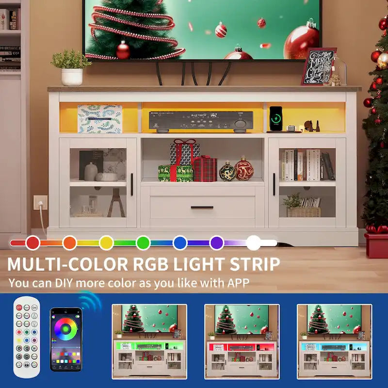Moasis LED Farmhouse TV Stand for TV up to 65 Highboy Entertainment Center with Acrylic Doors