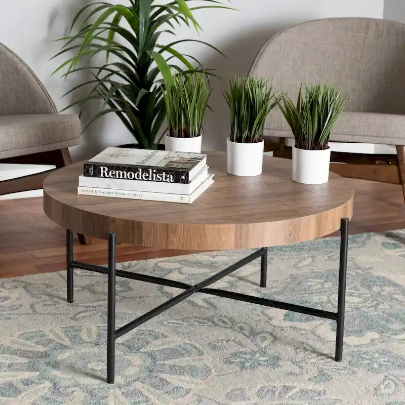 Umar Modern Industrial Walnut Brown Finished Wood and Black Metal Coffee Table