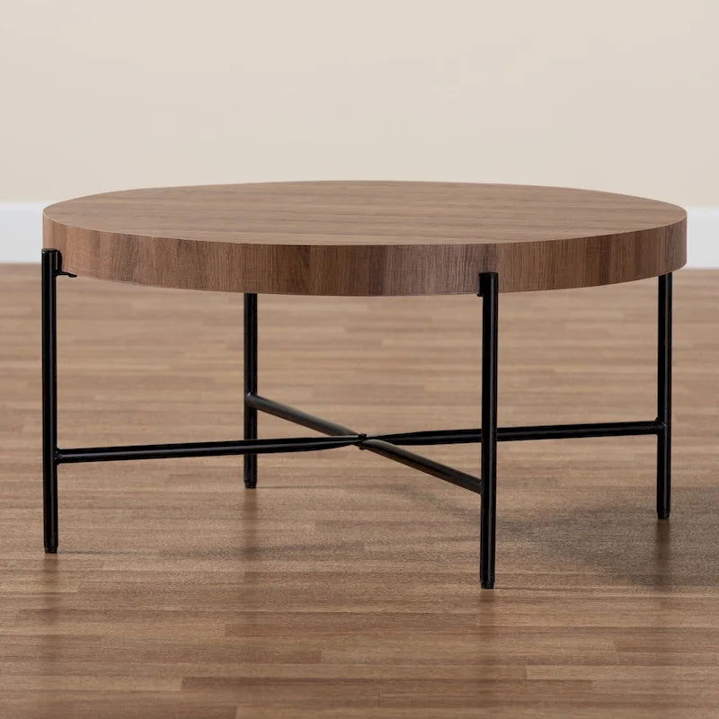 Umar Modern Industrial Walnut Brown Finished Wood and Black Metal Coffee Table