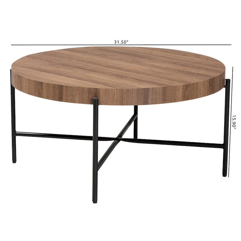 Umar Modern Industrial Walnut Brown Finished Wood and Black Metal Coffee Table