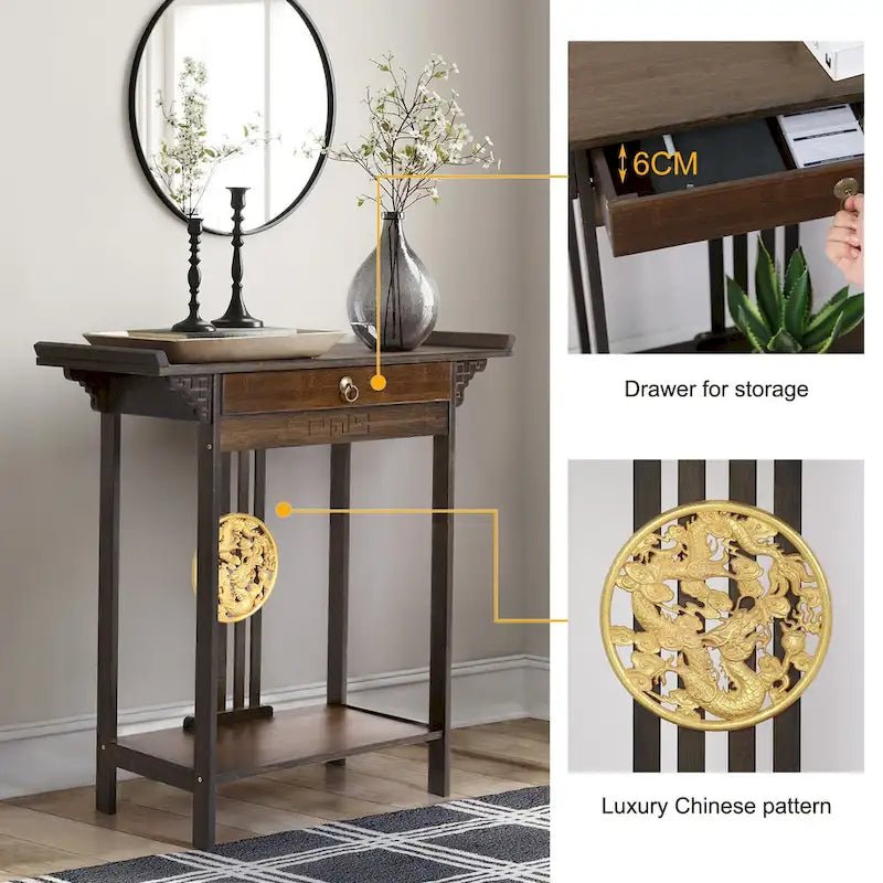 Bamboo Console Table Entryway Sofa Table Hallway Table with Drawer - 32x13x33