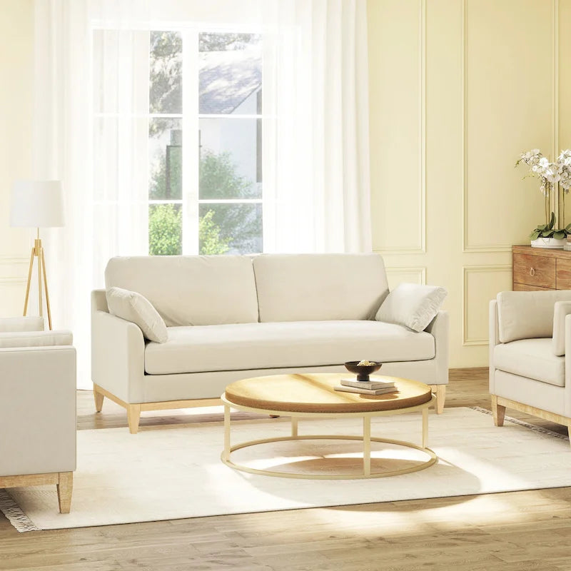 Velvet Sofa with Loose Pillow-Back and Wood Base - 75.5 Inch