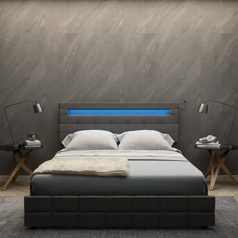 Queen Bed Frame with Drawers LED Bed Frame with USB Charging Station