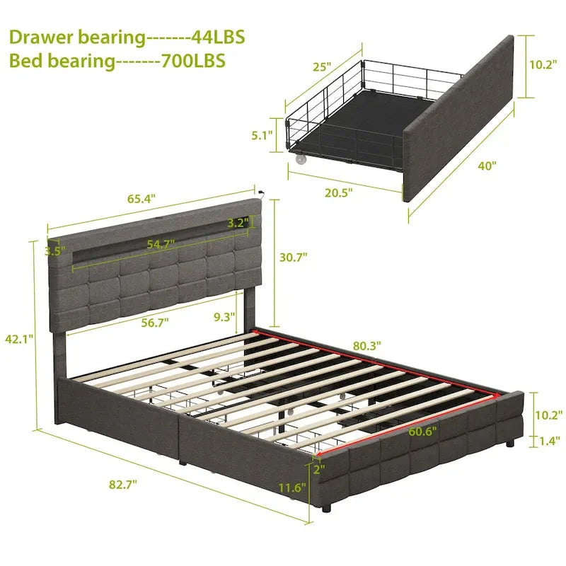 Queen Bed Frame with Drawers LED Bed Frame with USB Charging Station