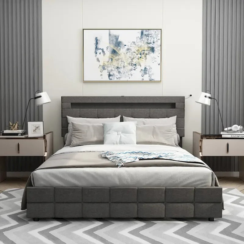 Queen Bed Frame with Drawers LED Bed Frame with USB Charging Station