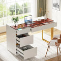 Desk - White & Gold - 4 Drawers with Glass Top