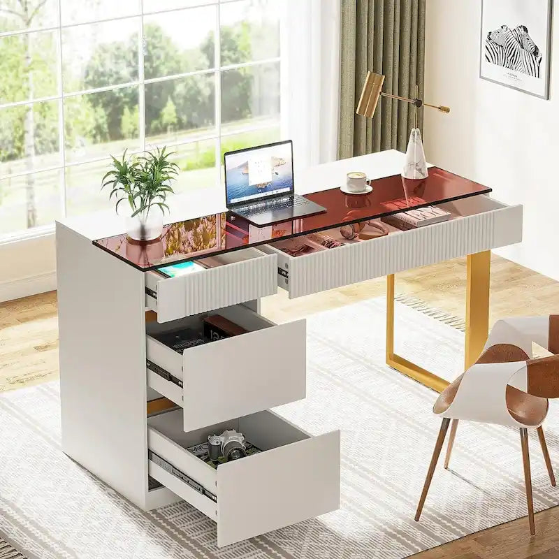 Desk - White & Gold - 4 Drawers with Glass Top
