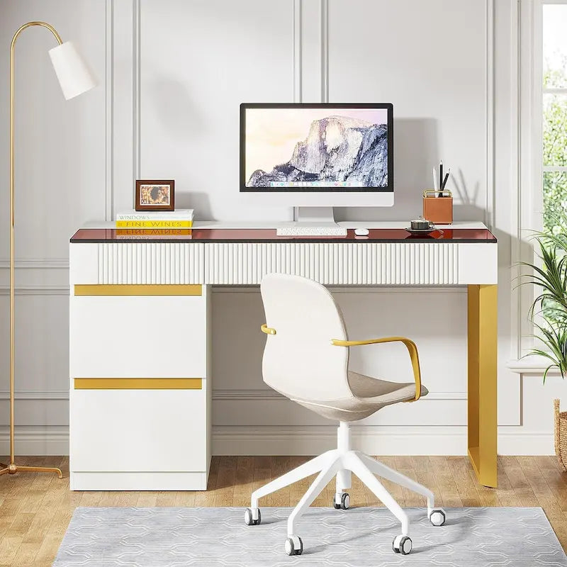 Desk - White & Gold - 4 Drawers with Glass Top