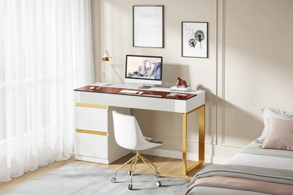 Desk - White & Gold - 4 Drawers with Glass Top