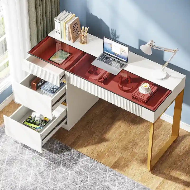 Desk - White & Gold - 4 Drawers with Glass Top