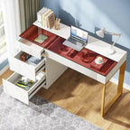 Desk - White & Gold - 4 Drawers with Glass Top