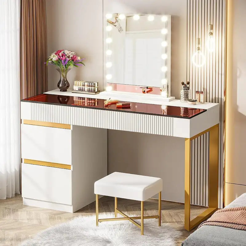 Desk - White & Gold - 4 Drawers with Glass Top