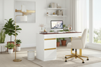 Desk - White & Gold - 4 Drawers with Glass Top