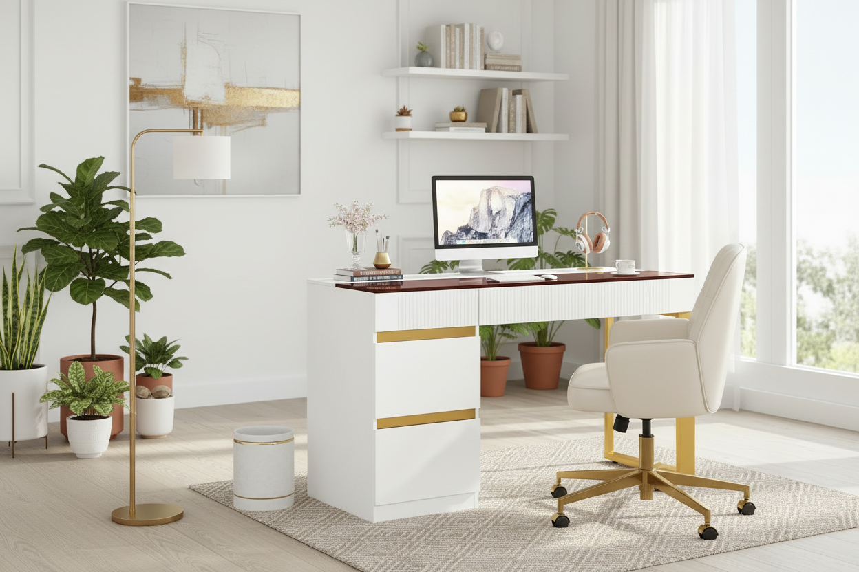 Desk - White & Gold - 4 Drawers with Glass Top