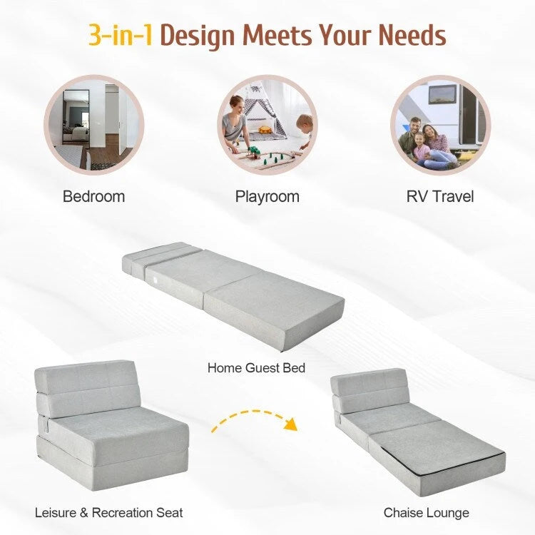 Tri-Fold Folding Chair Convertible Sleeper Bed - 75 x 28 x 6