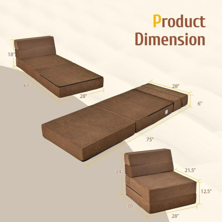 Tri-Fold Folding Chair Convertible Sleeper Bed - 75 x 28 x 6