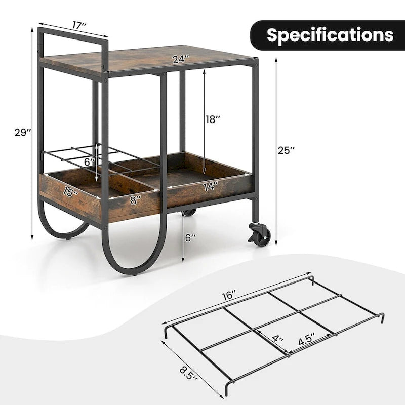 Rolling Buffet Serving Cart with Removable Metal Wire Wine Rack-Brown - 24 x 17 x 29 (L x W x H)