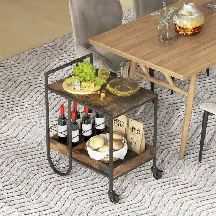 Rolling Buffet Serving Cart with Removable Metal Wire Wine Rack-Brown - 24 x 17 x 29 (L x W x H)