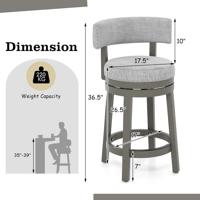 Swivel Bar Stool - Gray Upholstered - 27" or 31" Height